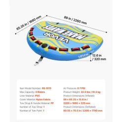 VEVOR Towable Tube for Boating, 4 Riders Inflatable Boat Tubes and Towables, 680 lbs Capacity Water Sport Towable Tube for Boat to Pull - with Fins, Full Nylon Cover, Padded Handles & Safety Valve