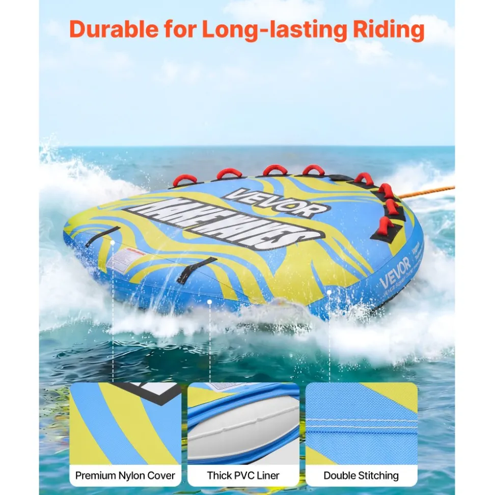VEVOR Towable Tube for Boating, 4 Riders Inflatable Boat Tubes and Towables, 680 lbs Capacity Water Sport Towable Tube for Boat to Pull - with Fins, Full Nylon Cover, Padded Handles & Safety Valve