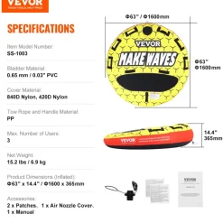 VEVOR Towable Tube for Boating, 1-3 Riders Inflatable Boat Tubes and Towables, 510 lbs, 63