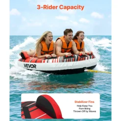 VEVOR Towable Tube for Boating, 3 Riders Inflatable Boat Tubes and Towables, 510 lbs Capacity Water Sport Towable Tube for Boat to Pull - with Fins, Full Nylon Cover, Padded Handles & Safety Valve
