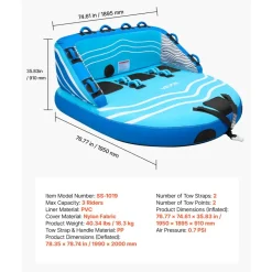 VEVOR Towable Tubes for Boating, 3-Rider Inflatable Towable Tube for Boat to Pull, 510 lbs Capacity Water Sports Boating Tubes - with Full Nylon Cover, Dual Tow Points, Safety Valve & Padded Handles