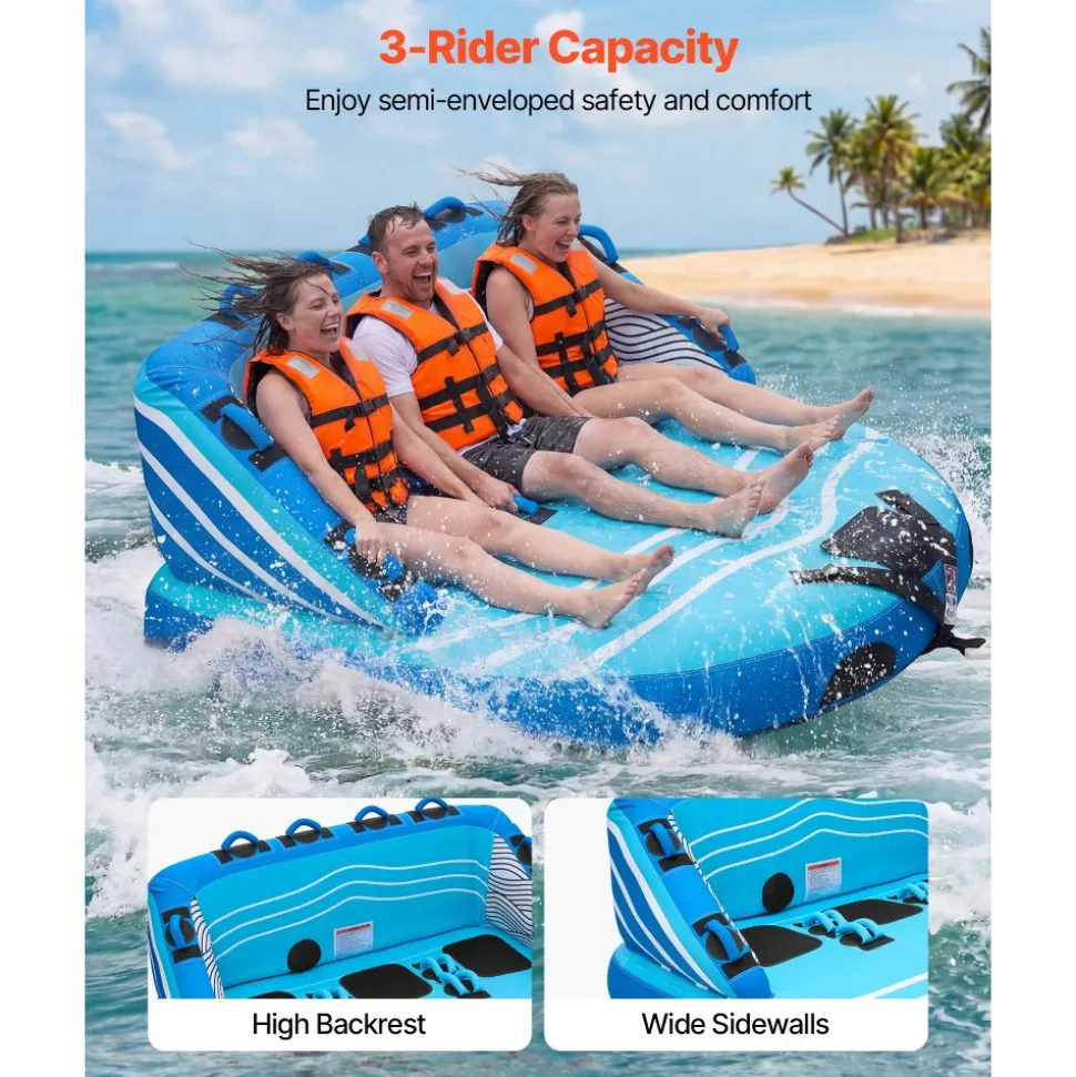 VEVOR Towable Tubes for Boating, 3-Rider Inflatable Towable Tube for Boat to Pull, 510 lbs Capacity Water Sports Boating Tubes - with Full Nylon Cover, Dual Tow Points, Safety Valve & Padded Handles