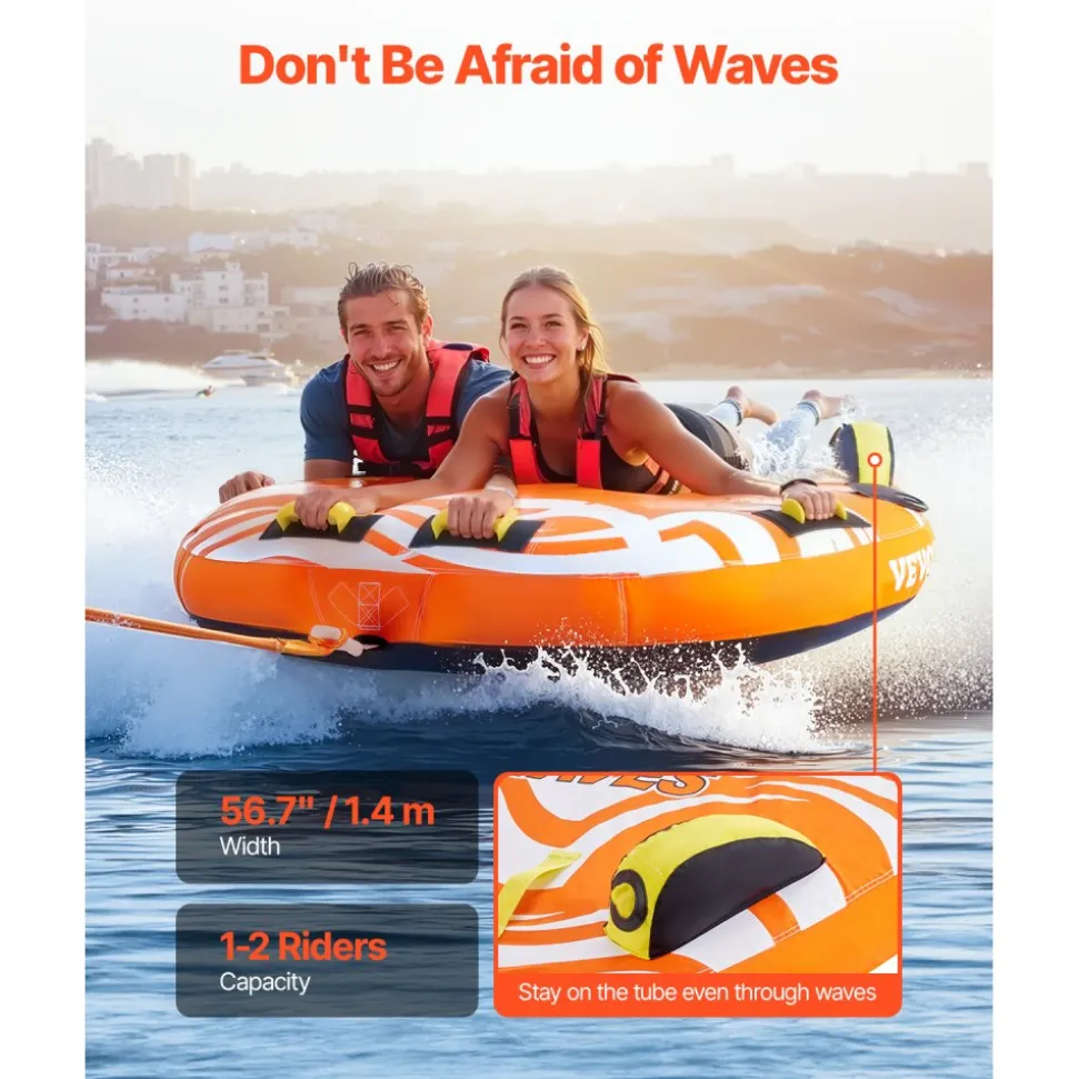 VEVOR Towable Tubes for Boating, 1-2 Riders Inflatable Towable Tube for Boat to Pull, 340lbs Capacity Boat Tubes and Towables for Water Sports - with Fins, Double-Stitched Nylon Cover & Padded Handles
