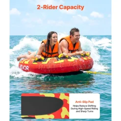 VEVOR Towable Tubes for Boating, 2-Rider Inflatable Boat Tubes and Towables, 340lbs Capacity Water Sport Tube for Boat to Pull - with Anti-Slip Pad, Full Nylon Cover, Padded Handles & Safety Valve
