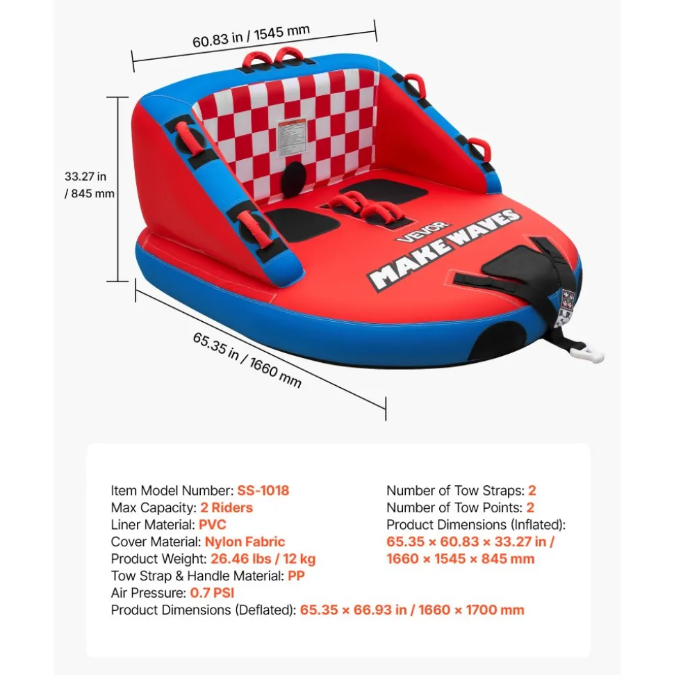 VEVOR Towable Tubes for Boating, 2-Rider Inflatable Boat Tubes and Towables, 340lbs Capacity Water Sport Tube for Boat to Pull - with Anti-Slip Pad, Full Nylon Cover, Padded Handles & Safety Valve