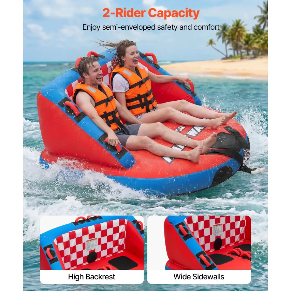 VEVOR Towable Tubes for Boating, 2-Rider Inflatable Boat Tubes and Towables, 340lbs Capacity Water Sport Tube for Boat to Pull - with Anti-Slip Pad, Full Nylon Cover, Padded Handles & Safety Valve