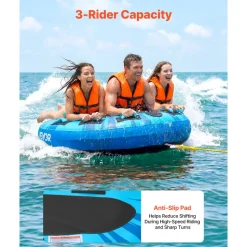 VEVOR Towable Tubes for Boating, 3-Rider Inflatable Boat Tubes and Towables, 510lbs Capacity Water Sport Tube for Boat to Pull - with Anti-Slip Pad, Full Nylon Cover, Padded Handles & Safety Valve