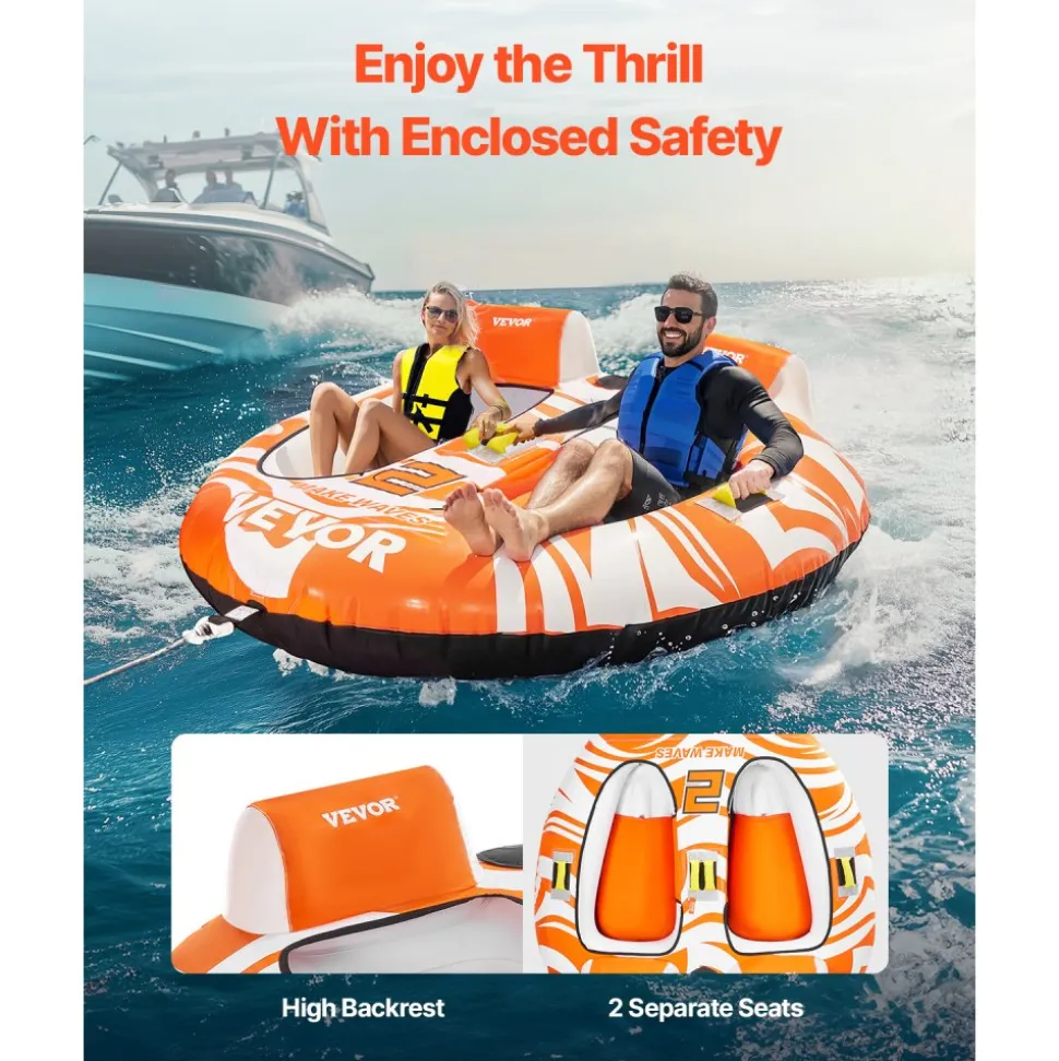 VEVOR Towable Tubes for Boating 2 Person, Inflatable Boat Tubes and Towables with 2 Cockpits, 340lbs Water Sport Tubes for Boat to Pull - with 840D Full Nylon Cover, Padded Grab Handles & Safety Valve