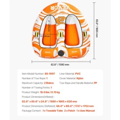 VEVOR Towable Tubes for Boating 2 Person, Inflatable Boat Tubes and Towables with 2 Cockpits, 340lbs Water Sport Tubes for Boat to Pull - with 840D Full Nylon Cover, Padded Grab Handles & Safety Valve