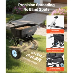 VEVOR Tow Behind Broadcast Spreader, 130LBS Capacity, Tow/Push Garden Spreader with 13 in Tires, 30 Adjustable Setting & 9.8 ft Spreading Width, Lawn Spreaders for Seed, Fertilizer, Salt, Ice Melt