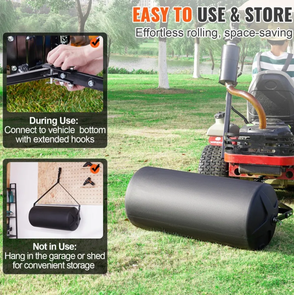 VEVOR Tow Behind Lawn Roller, 400lbs Sand/Water Filled Yard Roller, LLDPE Drum and Steel Frame Sod Roller with Easy-turn Plug, Tow Behind a Tractor or ATV for Lawn, Garden, Farm, Park, Black