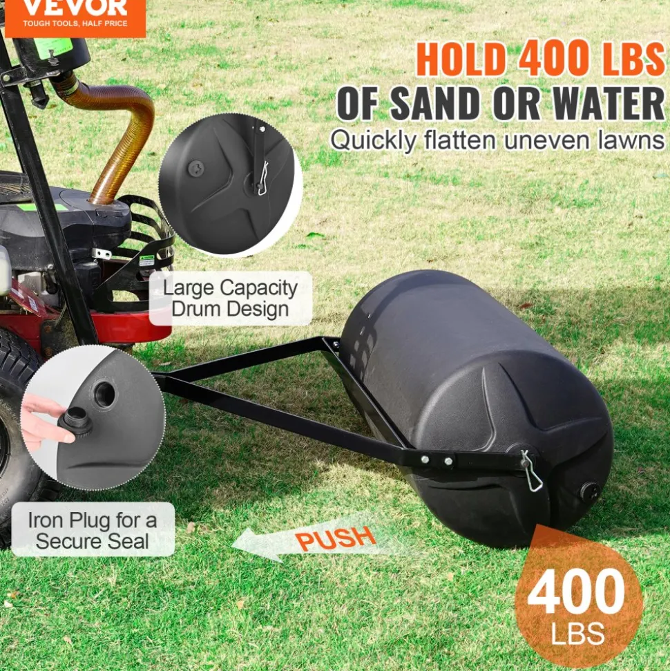 VEVOR Tow Behind Lawn Roller, 400lbs Sand/Water Filled Yard Roller, LLDPE Drum and Steel Frame Sod Roller with Easy-turn Plug, Tow Behind a Tractor or ATV for Lawn, Garden, Farm, Park, Black