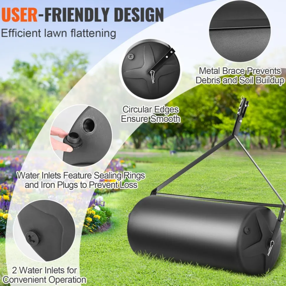 VEVOR Tow Behind Lawn Roller, 400lbs Sand/Water Filled Yard Roller, LLDPE Drum and Steel Frame Sod Roller with Easy-turn Plug, Tow Behind a Tractor or ATV for Lawn, Garden, Farm, Park, Black