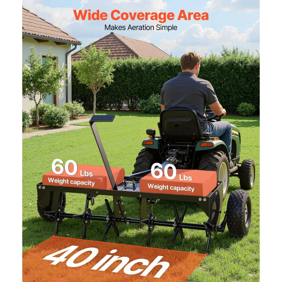 VEVOR Tow Behind Plug Aerator, 40 in Lawn Core Aerator Tool Universal Hitch, 120lbs Weight Capacity, Heavy Duty & Rust-Resistant, Pull Behind Spike Aerators with Tray for Farmland & Garden Tractors