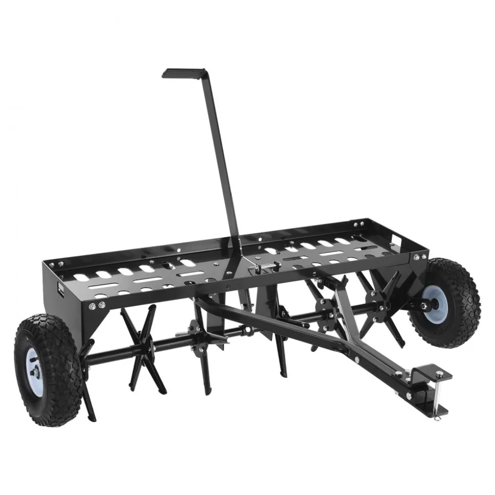 VEVOR Tow Behind Plug Aerator, 40 in Lawn Core Aerator Tool Universal Hitch, 120lbs Weight Capacity, Heavy Duty & Rust-Resistant, Pull Behind Spike Aerators with Tray for Farmland & Garden Tractors