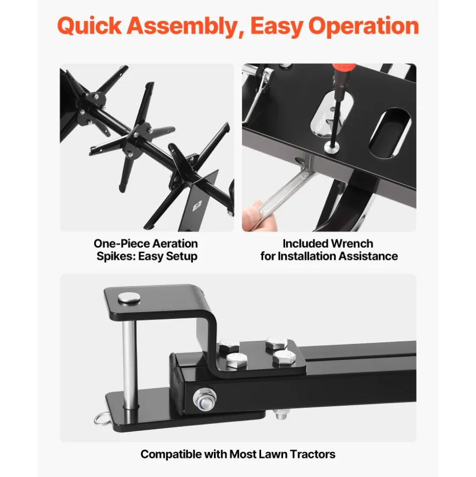 VEVOR Tow Behind Plug Aerator, 40 in Lawn Core Aerator Tool Universal Hitch, 120lbs Weight Capacity, Heavy Duty & Rust-Resistant, Pull Behind Spike Aerators with Tray for Farmland & Garden Tractors