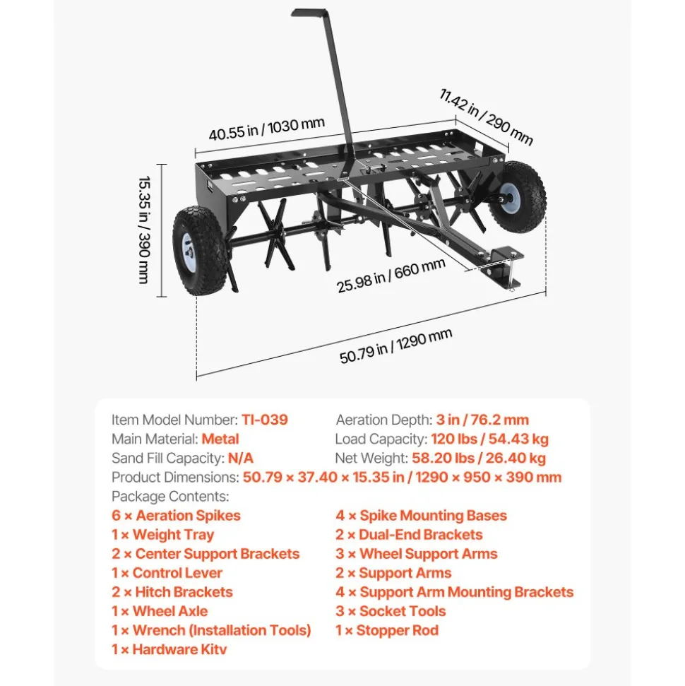VEVOR Tow Behind Plug Aerator, 40 in Lawn Core Aerator Tool Universal Hitch, 120lbs Weight Capacity, Heavy Duty & Rust-Resistant, Pull Behind Spike Aerators with Tray for Farmland & Garden Tractors