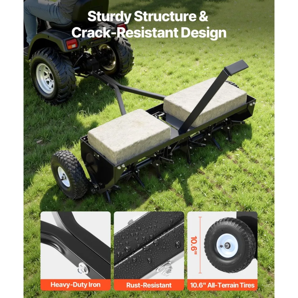 VEVOR Tow Behind Plug Aerator, 40 in Lawn Core Aerator Tool Universal Hitch, 120lbs Weight Capacity, Heavy Duty & Rust-Resistant, Pull Behind Spike Aerators with Tray for Farmland & Garden Tractors
