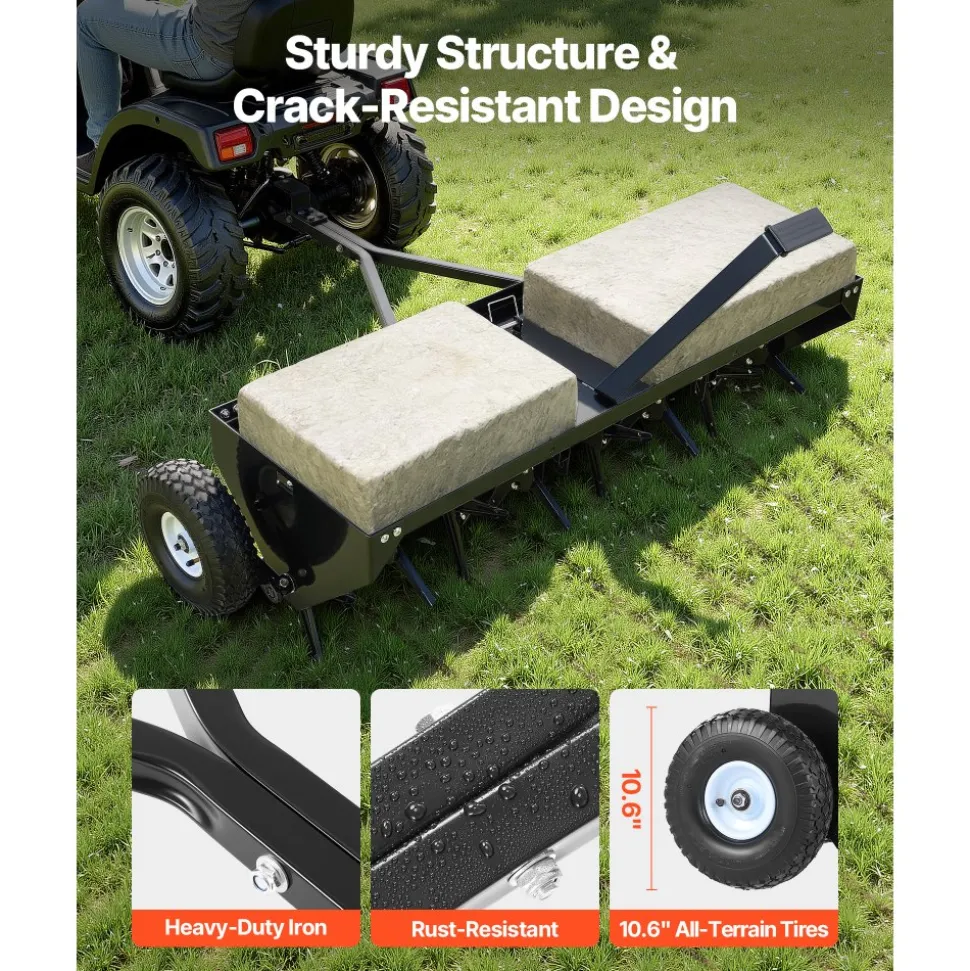 VEVOR Tow Behind Plug Aerator, 48 in Lawn Core Aerator Tool Universal Hitch, 150lbs Weight Capacity, Heavy Duty Pull Behind Spike Aerators with Tray & 10.6 in Wheels, for Farmland & Garden Tractors