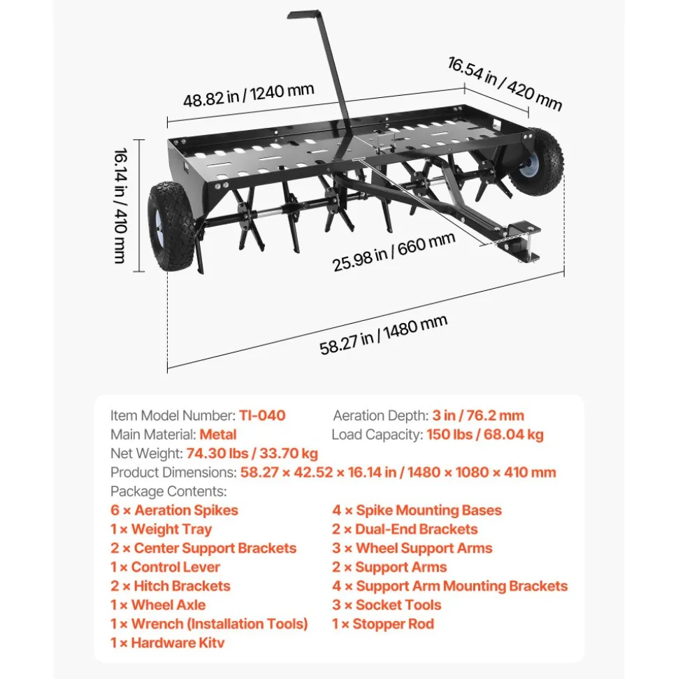 VEVOR Tow Behind Plug Aerator, 48 in Lawn Core Aerator Tool Universal Hitch, 150lbs Weight Capacity, Heavy Duty Pull Behind Spike Aerators with Tray & 10.6 in Wheels, for Farmland & Garden Tractors