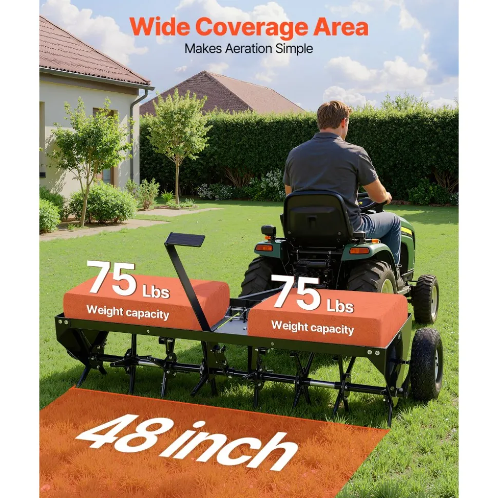 VEVOR Tow Behind Plug Aerator, 48 in Lawn Core Aerator Tool Universal Hitch, 150lbs Weight Capacity, Heavy Duty Pull Behind Spike Aerators with Tray & 10.6 in Wheels, for Farmland & Garden Tractors