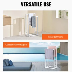 VEVOR Towel Rack, 2 Bars Metal Outdoor Towel Holder, Freestanding Pool Towel Hanger Stand Next to Hot Tub, Outdoor or Indoor Quilt Drying Rack Organizer, Ideal for Poolside, Bathroom, Spa, White