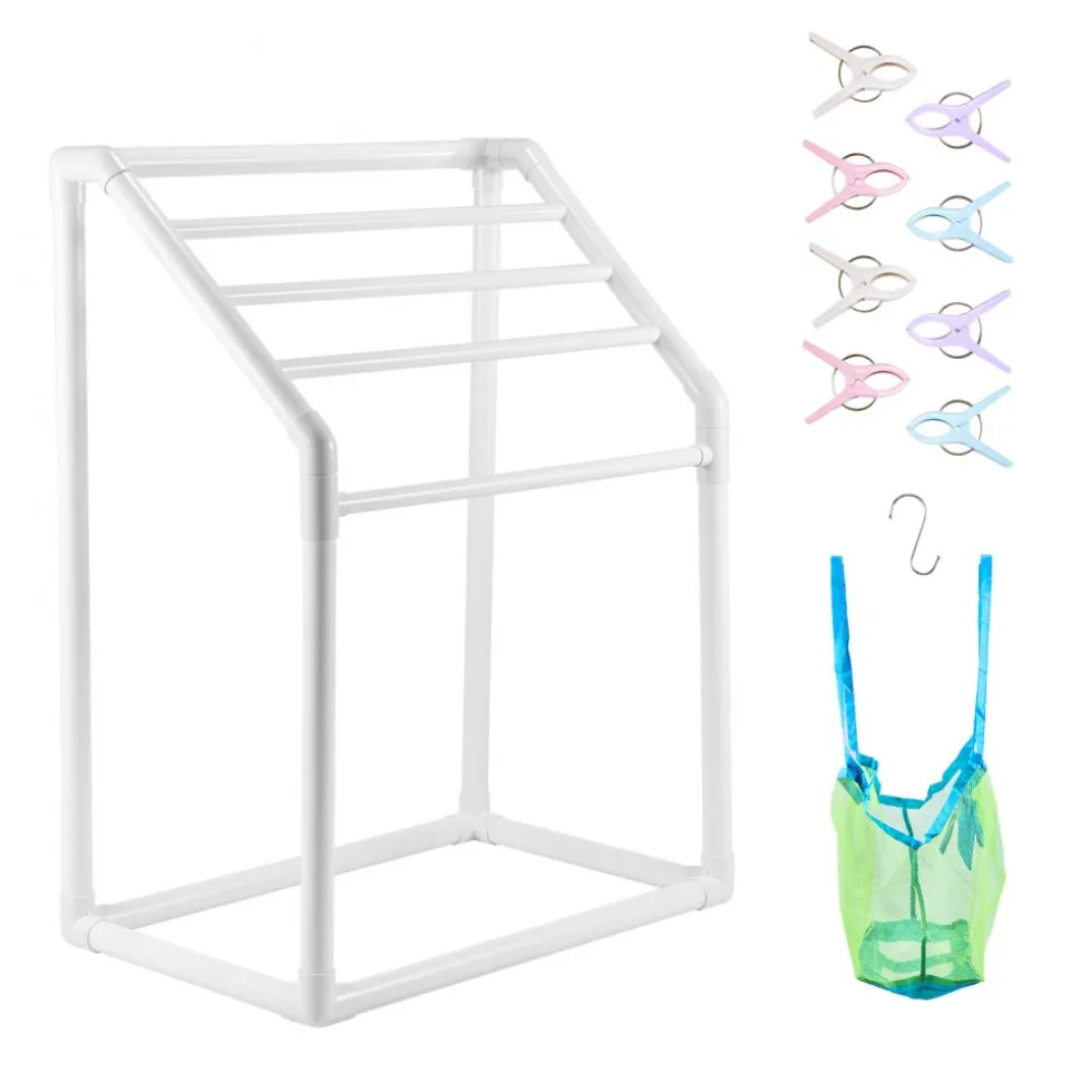 VEVOR Towel Rack, 5 Bars Outdoor PVC Towel Holder, Freestanding Pool Towel Hanger Stand with Clips, Bag & Hook, Outdoor Indoor Quilt Drying Rack Organizer, Ideal for Poolside, Bathroom, Spa, White