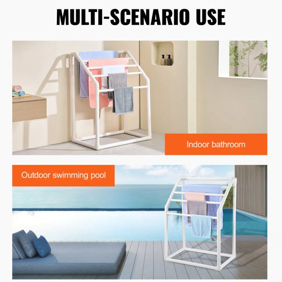 VEVOR Towel Rack, 5 Bars Outdoor PVC Towel Holder, Freestanding Pool Towel Hanger Stand with Clips, Bag & Hook, Outdoor Indoor Quilt Drying Rack Organizer, Ideal for Poolside, Bathroom, Spa, White