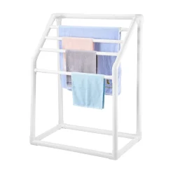 VEVOR Towel Rack, 5 Bars Outdoor PVC Towel Holder, Freestanding Pool Towel Hanger Stand with Clips, Bag & Hook, Outdoor Indoor Quilt Drying Rack Organizer, Ideal for Poolside, Bathroom, Spa, White