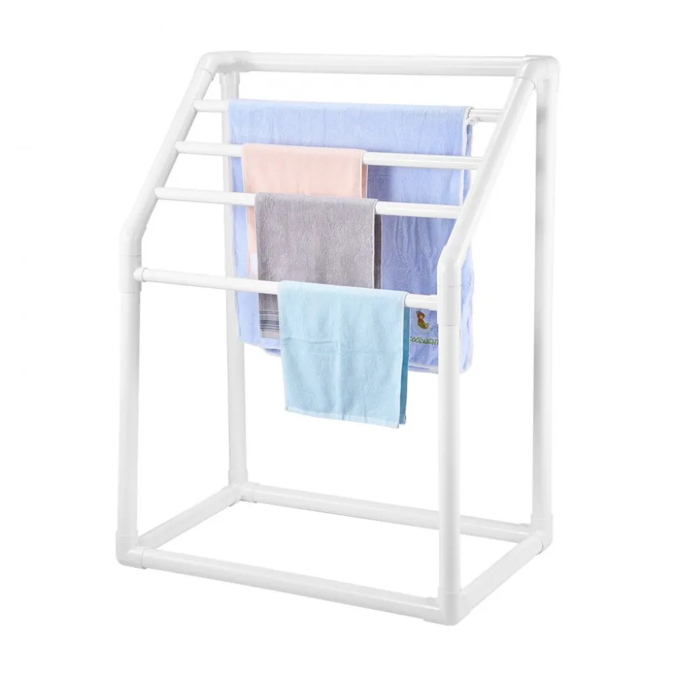 VEVOR Towel Rack, 5 Bars Outdoor PVC Towel Holder, Freestanding Pool Towel Hanger Stand with Clips, Bag & Hook, Outdoor Indoor Quilt Drying Rack Organizer, Ideal for Poolside, Bathroom, Spa, White