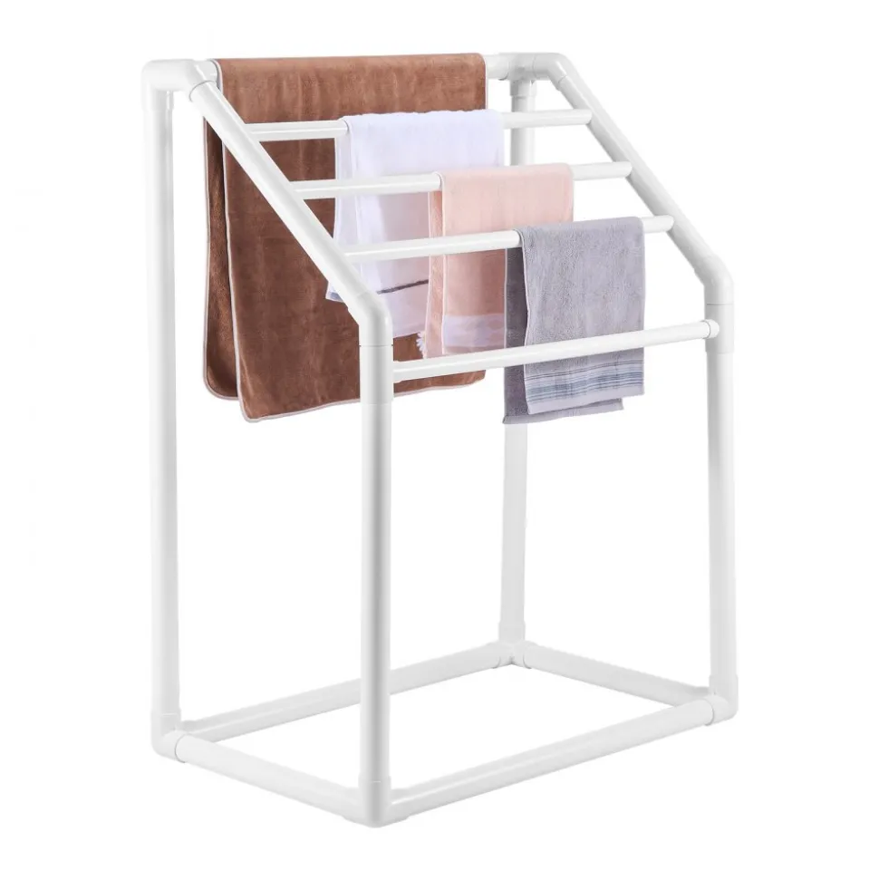 VEVOR Towel Rack, 5 Bars Outdoor PVC Towel Holder, Freestanding Pool Towel Hanger Stand with Clips, Bag & Hook, Outdoor Indoor Quilt Drying Rack Organizer, Ideal for Poolside, Bathroom, Spa, White