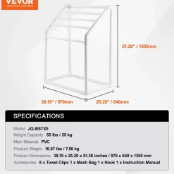 VEVOR Towel Rack, 5 Bars Outdoor PVC Towel Holder, Freestanding Pool Towel Hanger Stand with Clips, Bag & Hook, Outdoor Indoor Quilt Drying Rack Organizer, Ideal for Poolside, Bathroom, Spa, White