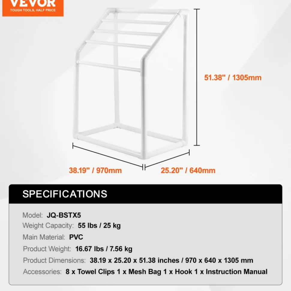 VEVOR Towel Rack, 5 Bars Outdoor PVC Towel Holder, Freestanding Pool Towel Hanger Stand with Clips, Bag & Hook, Outdoor Indoor Quilt Drying Rack Organizer, Ideal for Poolside, Bathroom, Spa, White