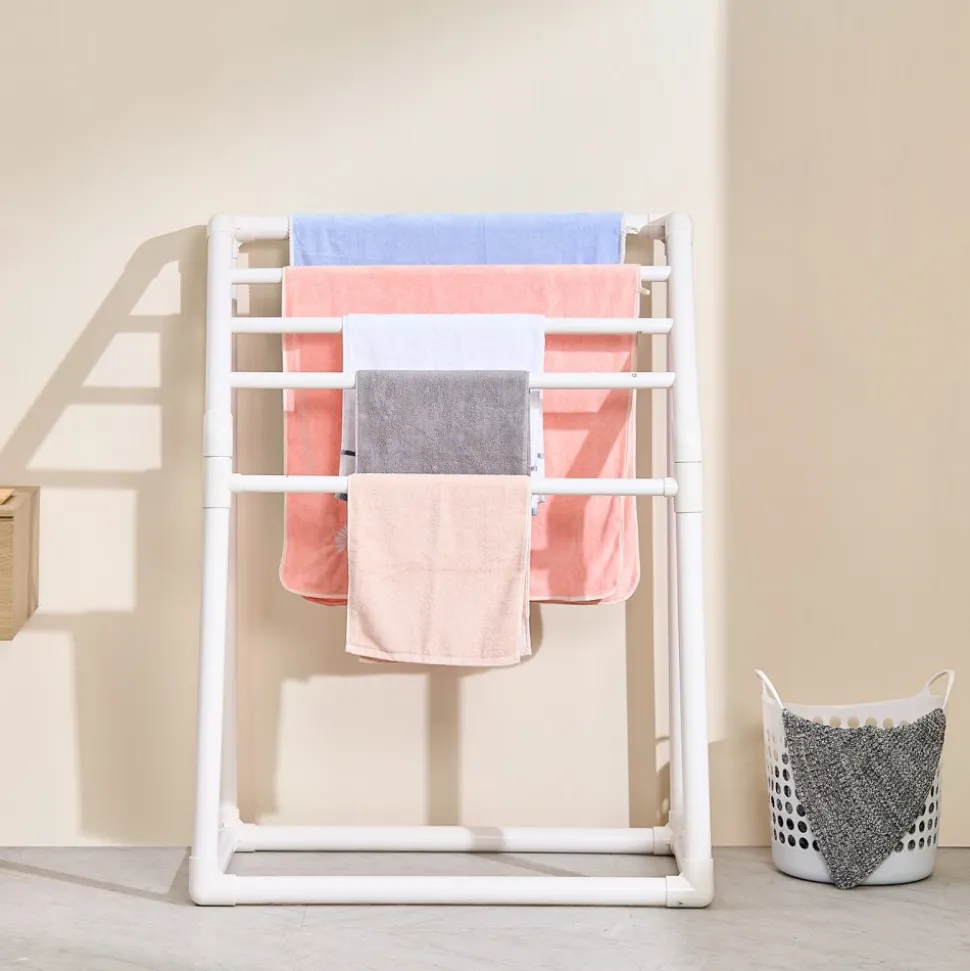 VEVOR Towel Rack, 5 Bars Outdoor PVC Towel Holder, Freestanding Pool Towel Hanger Stand with Clips, Bag & Hook, Outdoor Indoor Quilt Drying Rack Organizer, Ideal for Poolside, Bathroom, Spa, White