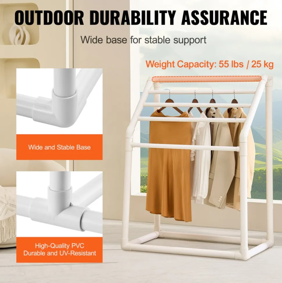 VEVOR Towel Rack, 5 Bars Outdoor PVC Towel Holder, Freestanding Pool Towel Hanger Stand with Clips, Bag & Hook, Outdoor Indoor Quilt Drying Rack Organizer, Ideal for Poolside, Bathroom, Spa, White