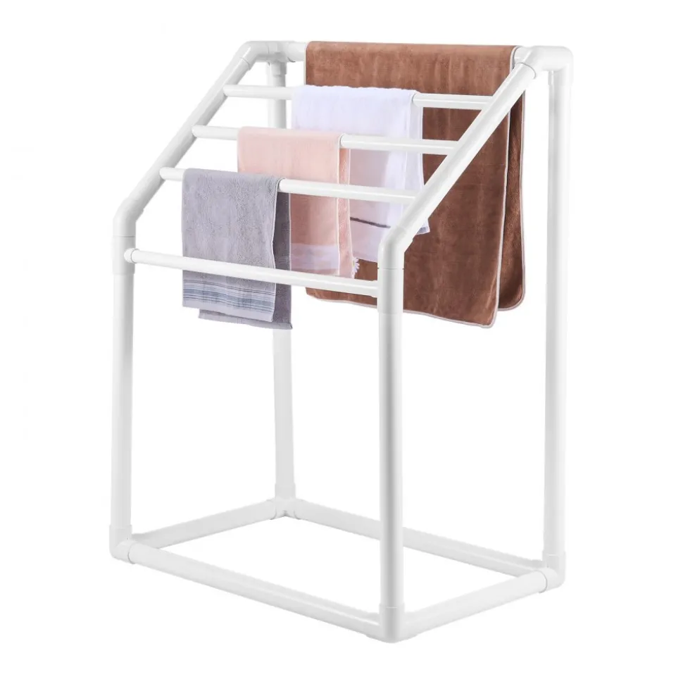 VEVOR Towel Rack, 5 Bars Outdoor PVC Towel Holder, Freestanding Pool Towel Hanger Stand with Clips, Bag & Hook, Outdoor Indoor Quilt Drying Rack Organizer, Ideal for Poolside, Bathroom, Spa, White