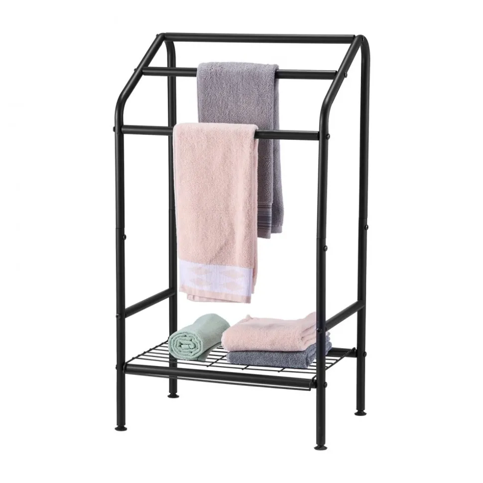 VEVOR Towel Rack, 3 Bars Outdoor Towel Holder with Metal Base, Freestanding Pool Towel Hanger Stand Next to Hot Tub, Outdoor Indoor Quilt Drying Rack Organizer, Ideal for Pool, Bathroom, Spa, Black