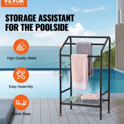 VEVOR Towel Rack, 3 Bars Outdoor Towel Holder with Metal Base, Freestanding Pool Towel Hanger Stand Next to Hot Tub, Outdoor Indoor Quilt Drying Rack Organizer, Ideal for Pool, Bathroom, Spa, Black