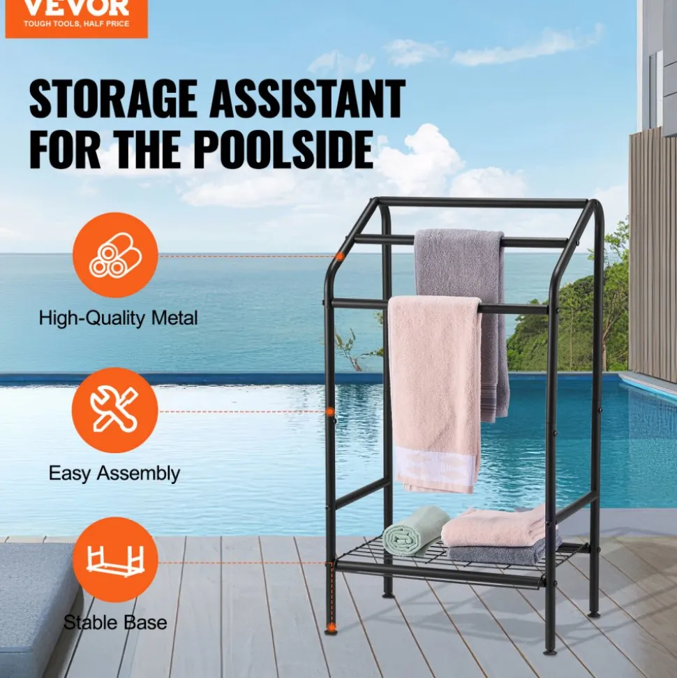 VEVOR Towel Rack, 3 Bars Outdoor Towel Holder with Metal Base, Freestanding Pool Towel Hanger Stand Next to Hot Tub, Outdoor Indoor Quilt Drying Rack Organizer, Ideal for Pool, Bathroom, Spa, Black