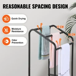 VEVOR Towel Rack, 3 Bars Outdoor Towel Holder with Metal Base, Freestanding Pool Towel Hanger Stand Next to Hot Tub, Outdoor Indoor Quilt Drying Rack Organizer, Ideal for Pool, Bathroom, Spa, Black