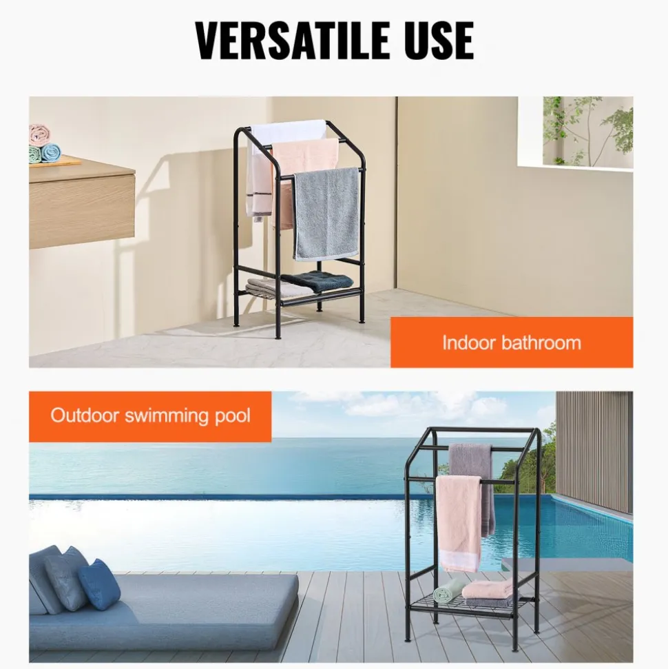 VEVOR Towel Rack, 3 Bars Outdoor Towel Holder with Metal Base, Freestanding Pool Towel Hanger Stand Next to Hot Tub, Outdoor Indoor Quilt Drying Rack Organizer, Ideal for Pool, Bathroom, Spa, Black