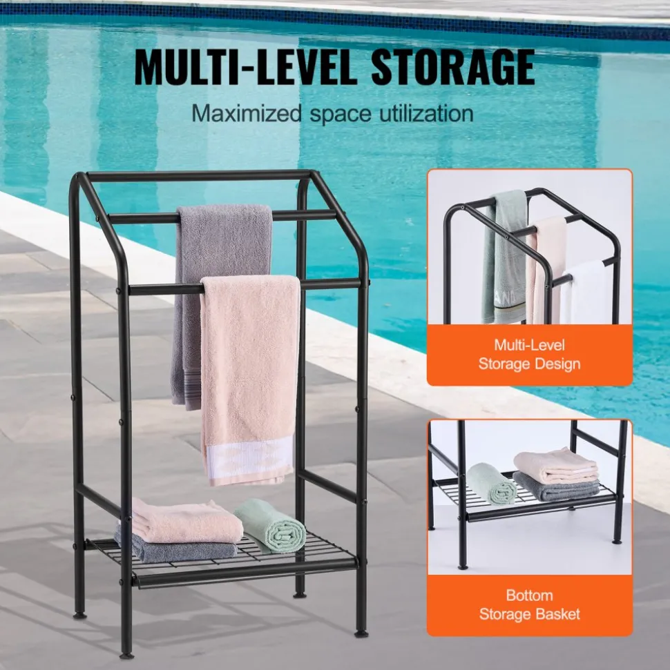 VEVOR Towel Rack, 3 Bars Outdoor Towel Holder with Metal Base, Freestanding Pool Towel Hanger Stand Next to Hot Tub, Outdoor Indoor Quilt Drying Rack Organizer, Ideal for Pool, Bathroom, Spa, Black