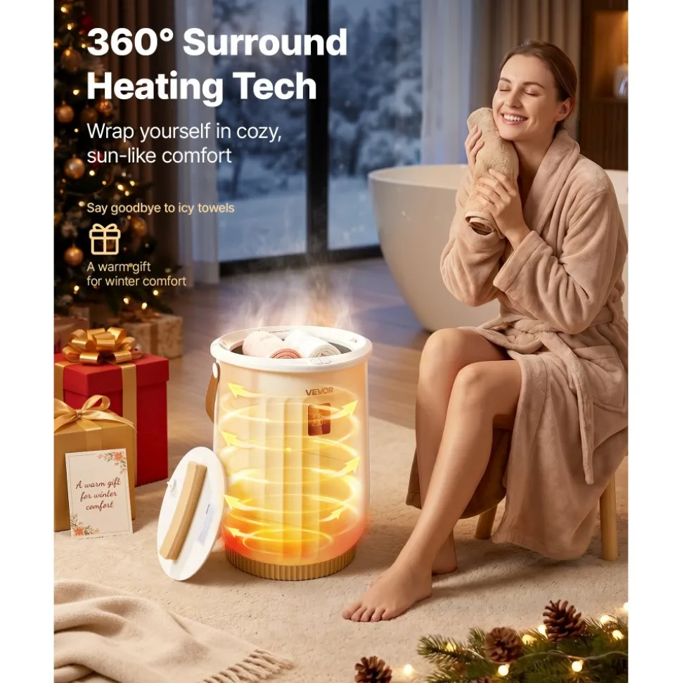 VEVOR Towel Warmers for Bathroom 20L Heated Towel Bucket with LED Display, Rapid Heating, 4 Adjustable Timer, Wood Handle, Auto Shut Off, Fits Oversized Towels, Blankets, Bathrobes, for Women, White