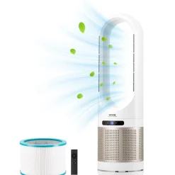 VEVOR Tower Fan Bladeless, 16.4ft/s Velocity Floor Fan that Blows Cold Air, 80° Oscillating 8-Speed Fans, 8H Timer, Standing Fans with H13 HEPA Filtration, Remote Control & Air Purification Mode