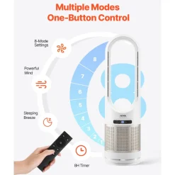VEVOR Tower Fan Bladeless, 16.4ft/s Velocity Floor Fan that Blows Cold Air, 80° Oscillating 8-Speed Fans, 8H Timer, Standing Fans with H13 HEPA Filtration, Remote Control & Air Purification Mode