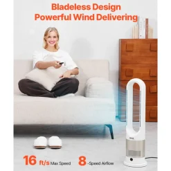 VEVOR Tower Fan Bladeless, 16 ft/s Velocity Quiet Floor Fan that Blows Cold & Heating Air, 80° Oscillating Fans with 8 Speeds, 9H Timer, Standing Fans with Remote Control for Bedroom, Office, Home