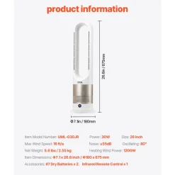 VEVOR Tower Fan Bladeless, 16 ft/s Velocity Quiet Floor Fan that Blows Cold & Heating Air, 80° Oscillating Fans with 8 Speeds, 9H Timer, Standing Fans with Remote Control for Bedroom, Office, Home