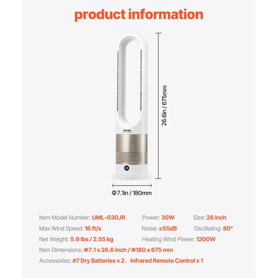VEVOR Tower Fan Bladeless, 16 ft/s Velocity Quiet Floor Fan that Blows Cold & Heating Air, 80° Oscillating Fans with 8 Speeds, 9H Timer, Standing Fans with Remote Control for Bedroom, Office, Home