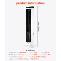 VEVOR Tower Fan, 23.3ft/s Velocity Quiet Floor Fan, 70° Oscillating Fans for Indoors with 9 Speeds, 4 Modes, 24H Timer, Portable Standing Bladeless Fan with Remote Control for Bedroom, Office, Home