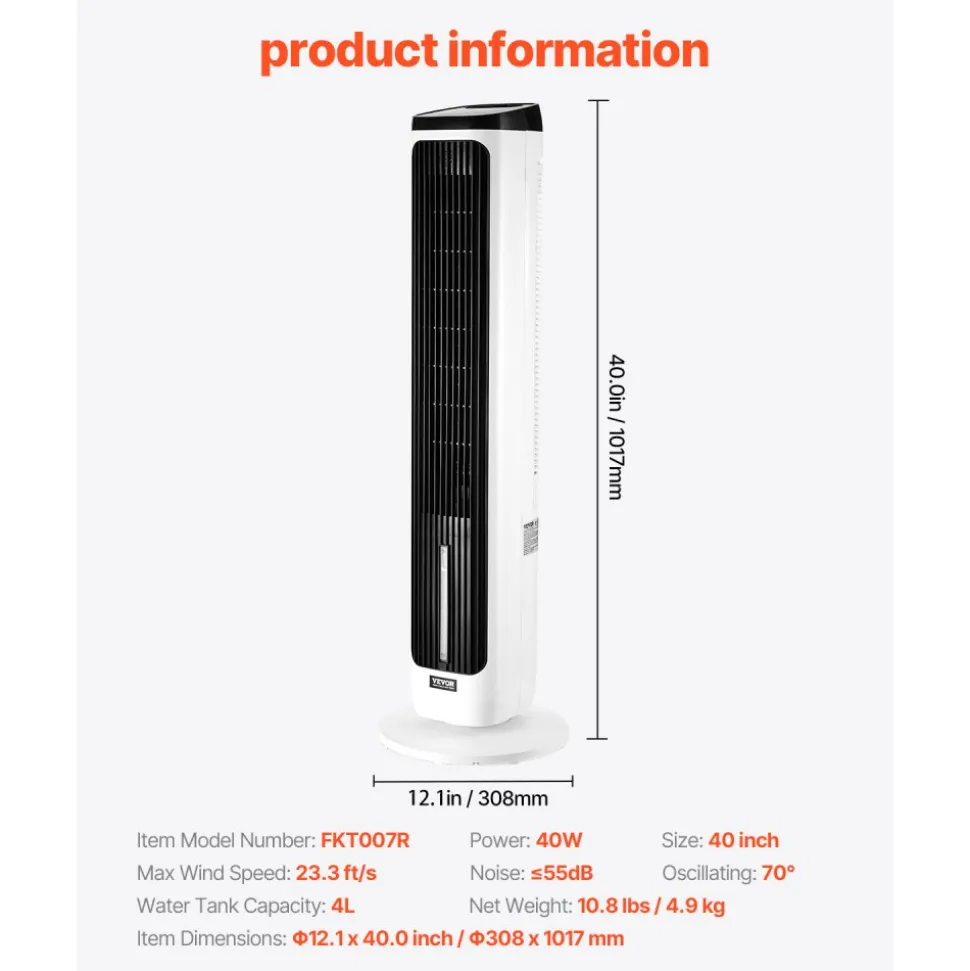 VEVOR Tower Fan, 23.3ft/s Velocity Quiet Floor Fan, 70° Oscillating Fans for Indoors with 9 Speeds, 4 Modes, 24H Timer, Portable Standing Bladeless Fan with Remote Control for Bedroom, Office, Home